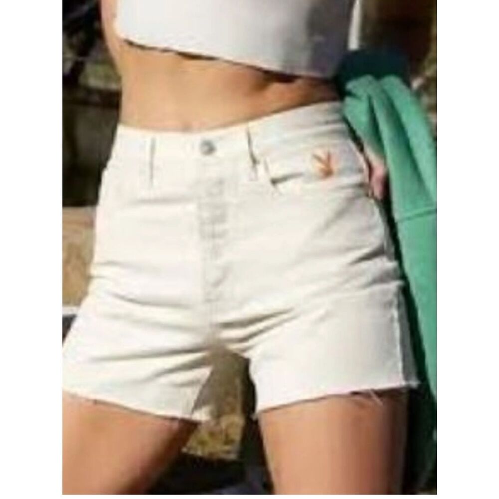 PLAYBOY X pac sun Ivory High-Rise Frayed Denim Shorts with Bunny Accent 26